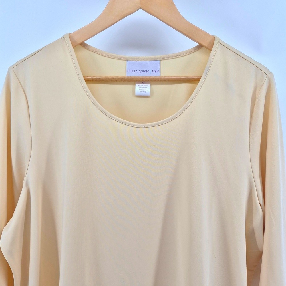 Susan Graver Style Women's Large Butter Yellow Liquid Knit 3/4 Sleeve Top - Picture 3 of 10